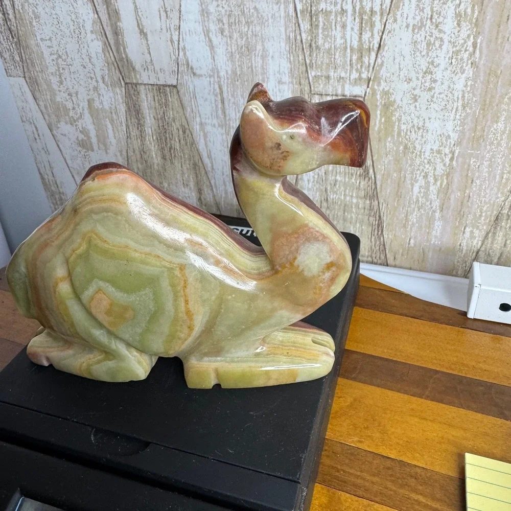 Vintage Hand Carved Onyx Marble Camel Figurine Paperweight Brown Green Stone